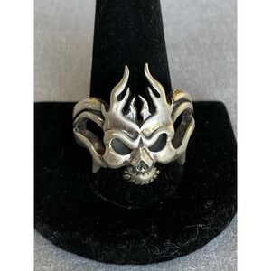 925 Sterling Silver Evil Fire Skull Ring Size 14 Heavy Biker Vintage